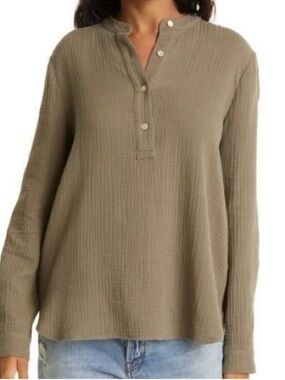 Jenni Kayne Cypress Cotton Henley Neck Long Sleeve Shirt Top Olive Green Medium